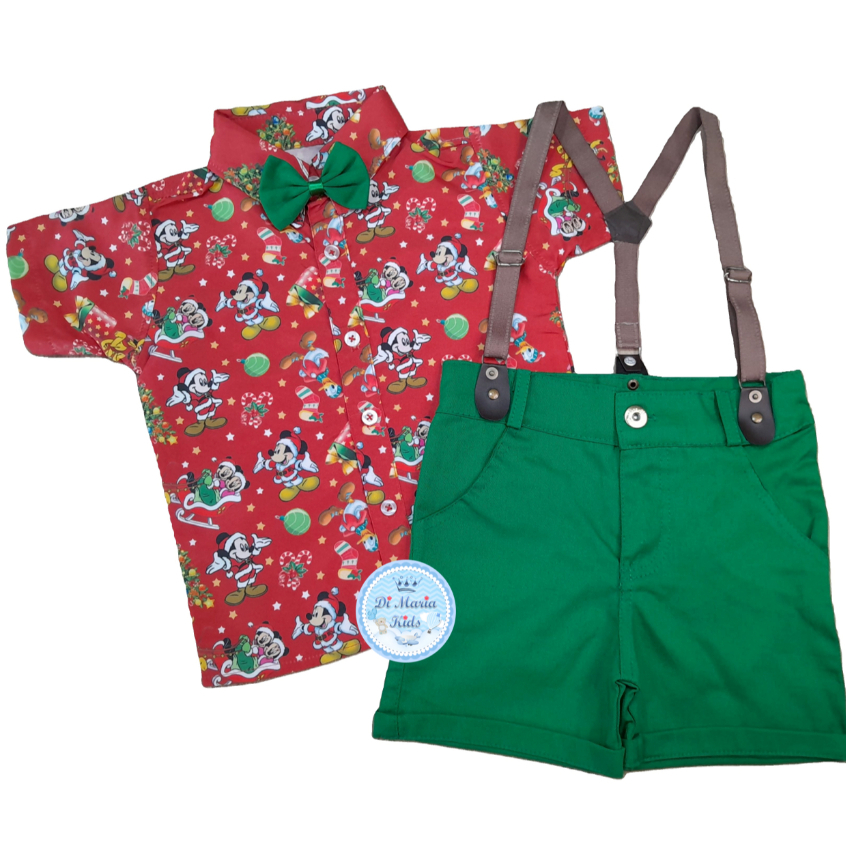 Conjunto Temático Mickey Natal Camisa Short Suspensório Roupa bebe menino festa infantil Personagens