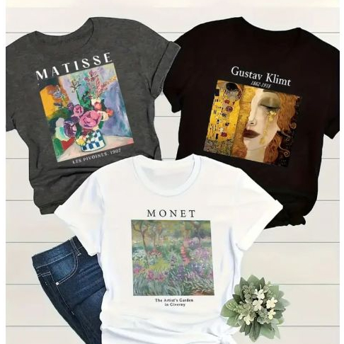 Camiseta Feminina Kit 3 Camisetas Pintores Monet Matisse Gustav Klimt Algodão Estampada