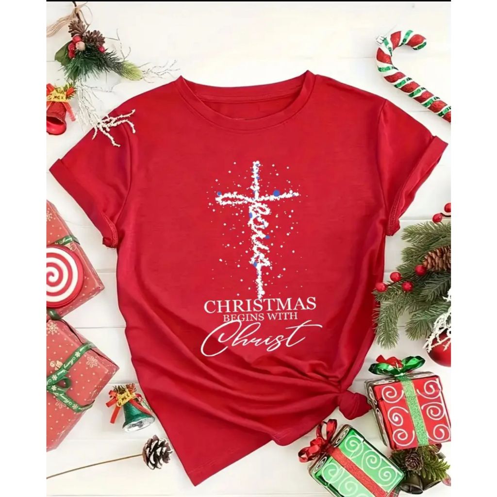 Camiseta Feminina ''Natal Começa com Cristo'' Natal Jesus 100% Algodão