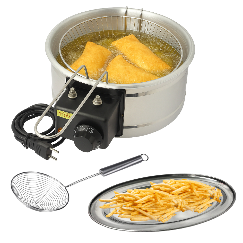 Kit Fritadeira Elétrica Tacho Inox 5L + Escumadeira e Travessa 29 cm Ideal para Pastel Batata Frita