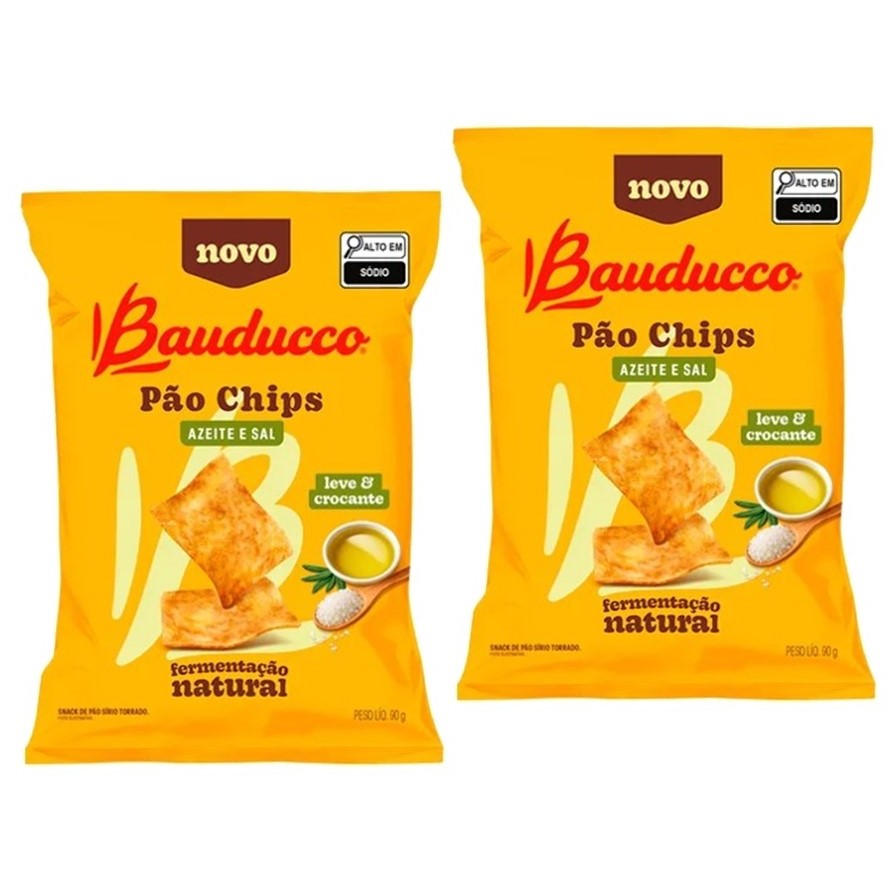 2 Salgadinho Bauducco Pão Chips Azeite e Sal - Snack de Pão Sírio Torrado - Leve e Crocante - 90g