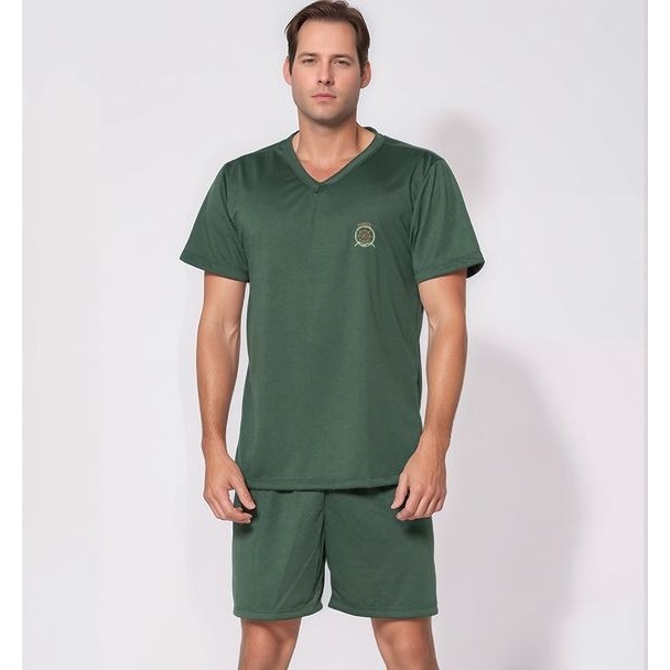 Pijama Masculino Conjunto Short e Camisa Verde Estampado Liso  Confortável Casual Homem Pai Marido