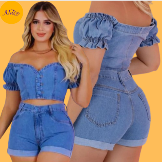 Conjunto Jeans Feminino Short + Cropped Lavagem Clara Moda Casual Short e Blusa