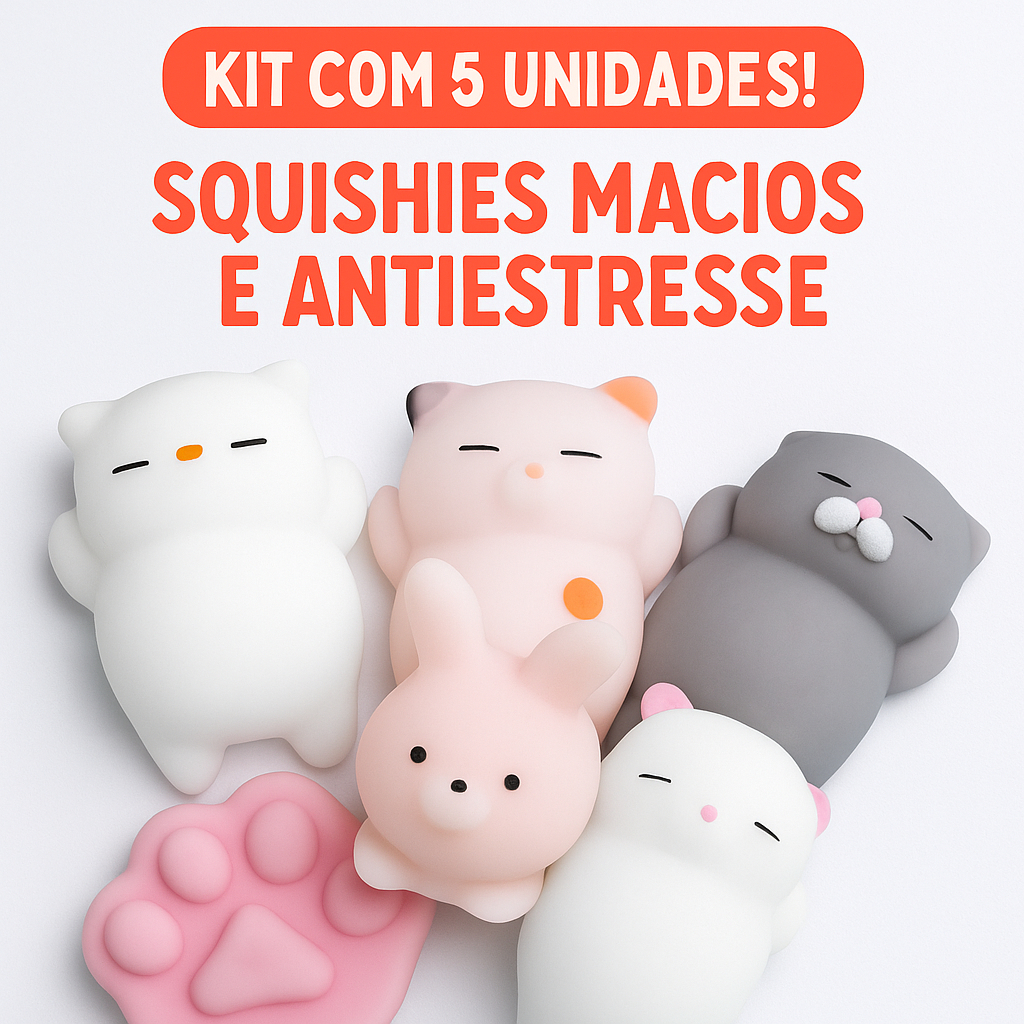 Kit 5 Squishy Mochi Bichinho Macio De Apertar Squish Tiktok Antiestresse Divertido Fofos Decorativos