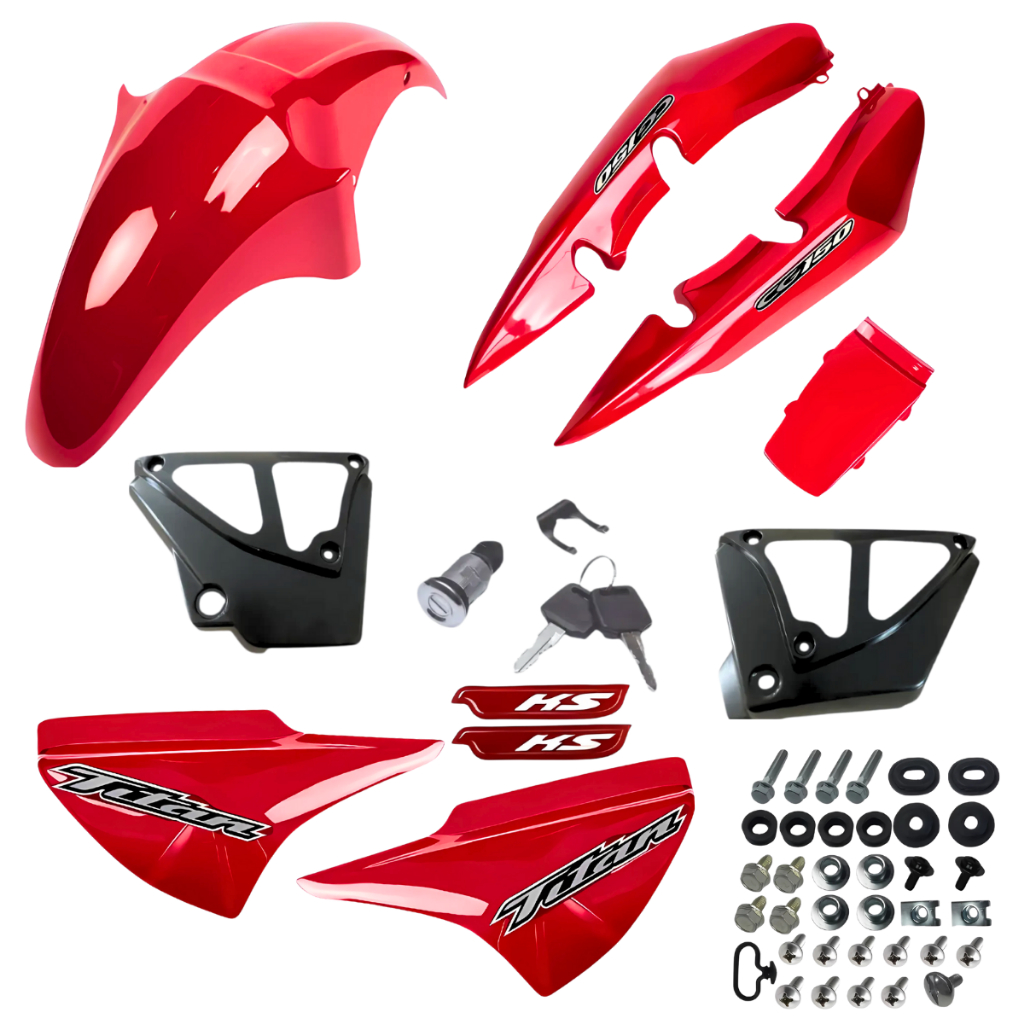 Kit Carenagem Titan 150 2004 Até 2008 Vermelho + Adesivos +Complemento + Trava Tampa Lateral Completo Com Parafusos