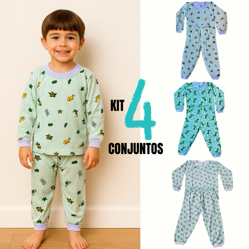 Kit 4 Pijamas Infantil de Menino manga longa 100% Algodão - Conforto e Estilo para Seu Pequeno!
