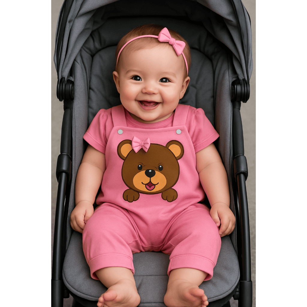 Conjunto Jardineira Macação Camiseta Menina Ursa Super Fofo E Confortável