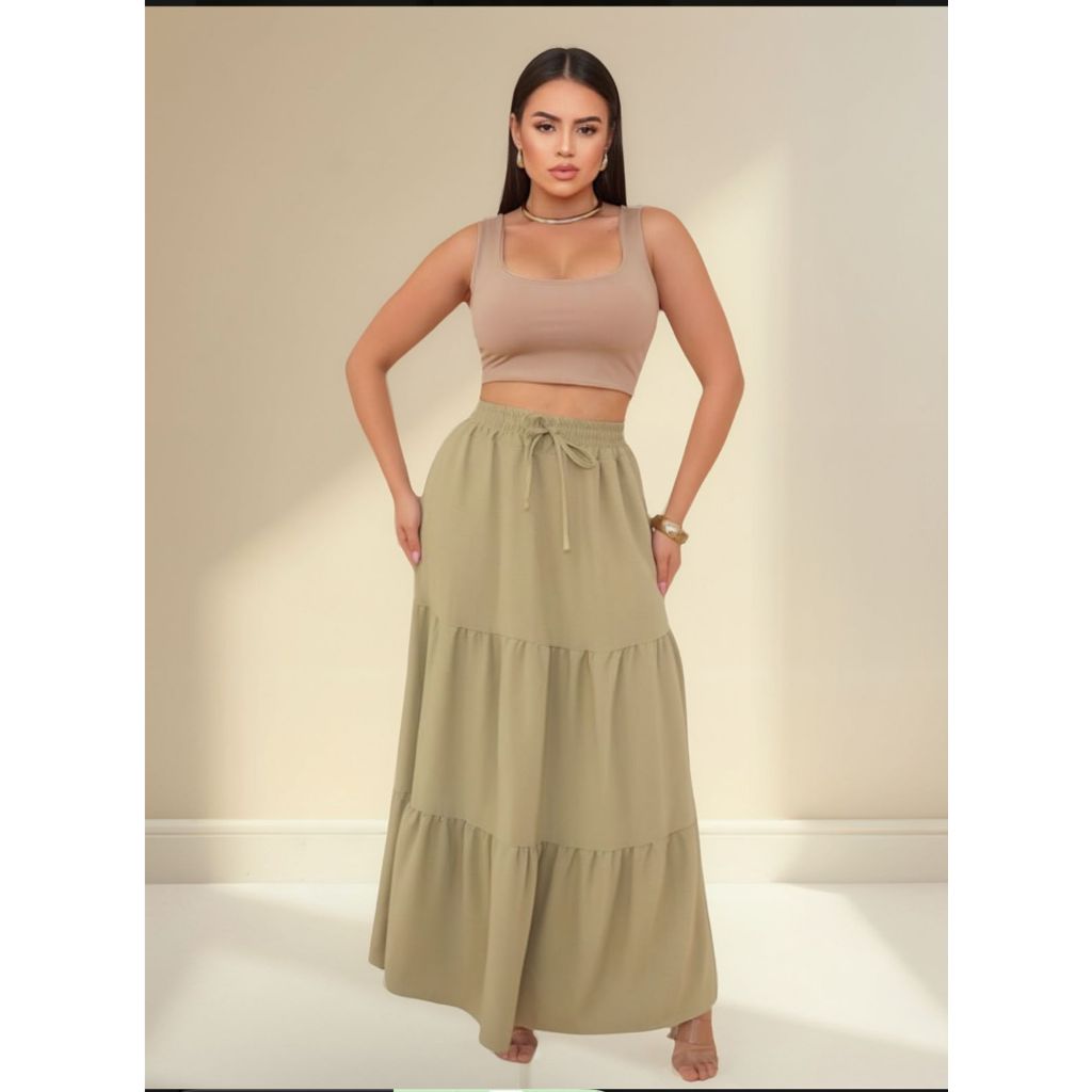 SAIA CINTURA ALTA LONGA TRÊS MARIAS COLADA BABADO EVANGÉLICA TECIDO DUNA COM ELÁSTICO em Oferta na Shopee