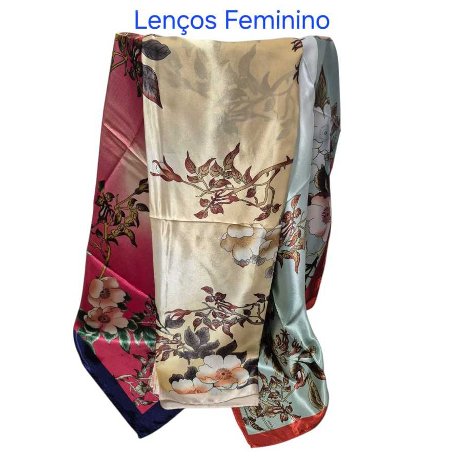 Lenços de Cetim Floridos, Multiuso 90x90cm, Cropped, Bandana, Turbante, S193