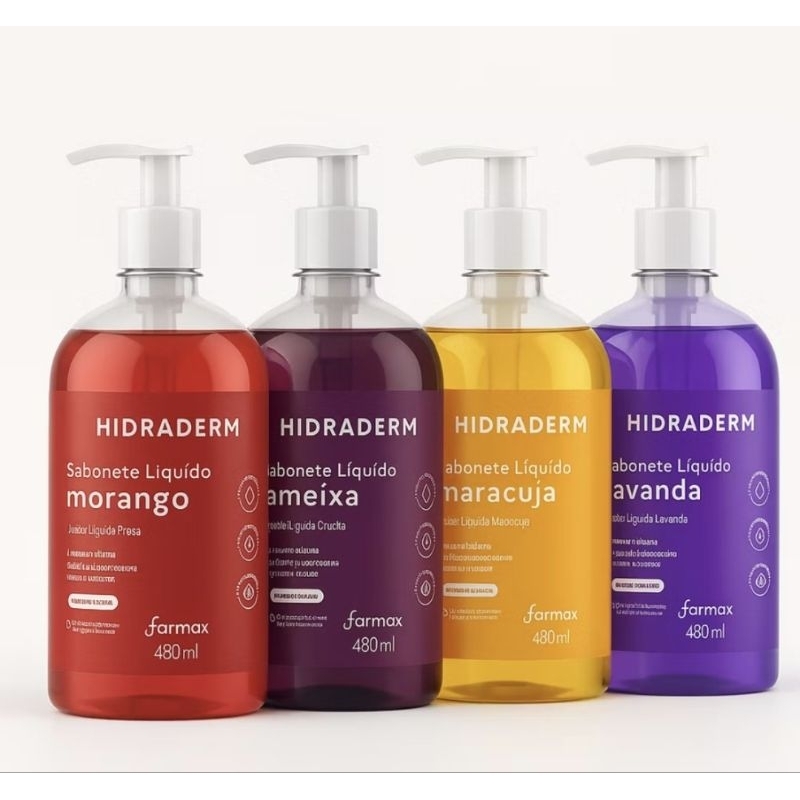 KIT 4UNIDADES SABONETE LÍQUIDO HIDRADERM FARMAX 480ML(1 DE CADA) em Oferta na Shopee