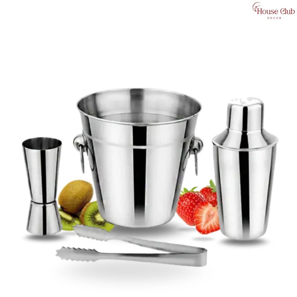 Conjunto Bar Aço Inox 4 Peças Profissional Completo Balde Gelo Coqueteleira Dosador Pegador Kit Coquetelaria