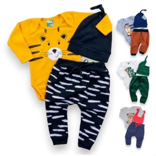 Conjunto body 3 peças estampado inverno longo. Body, Calça saruel e touca Bebê Infantil em Oferta na Shopee