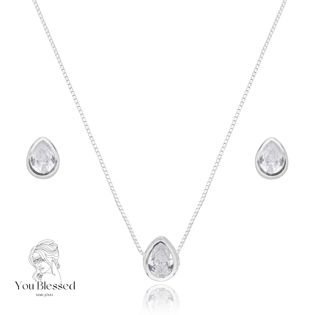 Conjunto Colar Veneziana Ponto de Luz e Brincos Gota 6MM Em Zircônia Prata 925