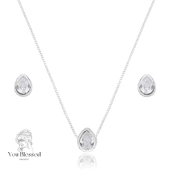 Conjunto Colar Veneziana Ponto de Luz e Brincos Gota 6MM Em Zircônia Prata 925