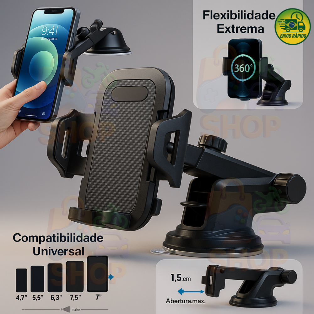 Suporte Celular  GPS Carro Resistente Firme Haste Ajuste Prolongável Rotação 360 Base