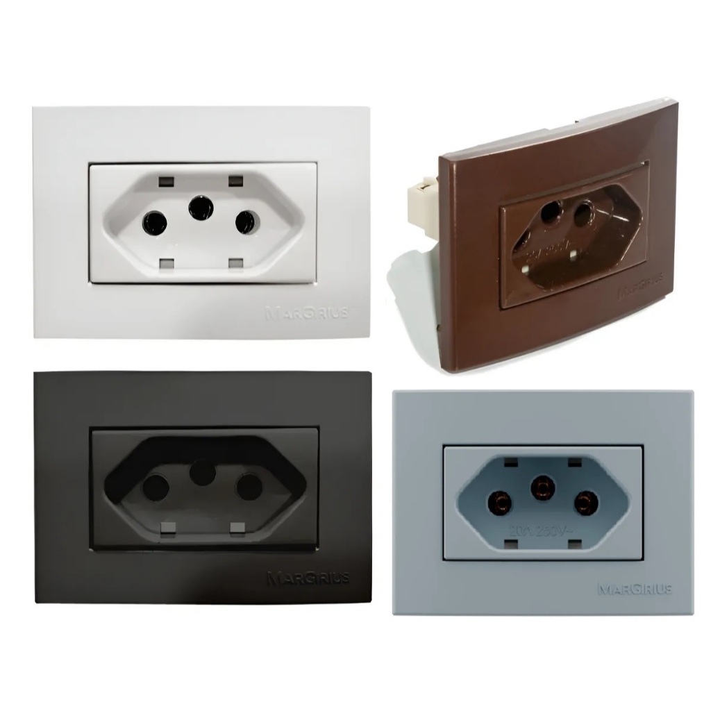 Tomada de Embutir Margirius 10a 2P+T Branca/Marrom/Preta