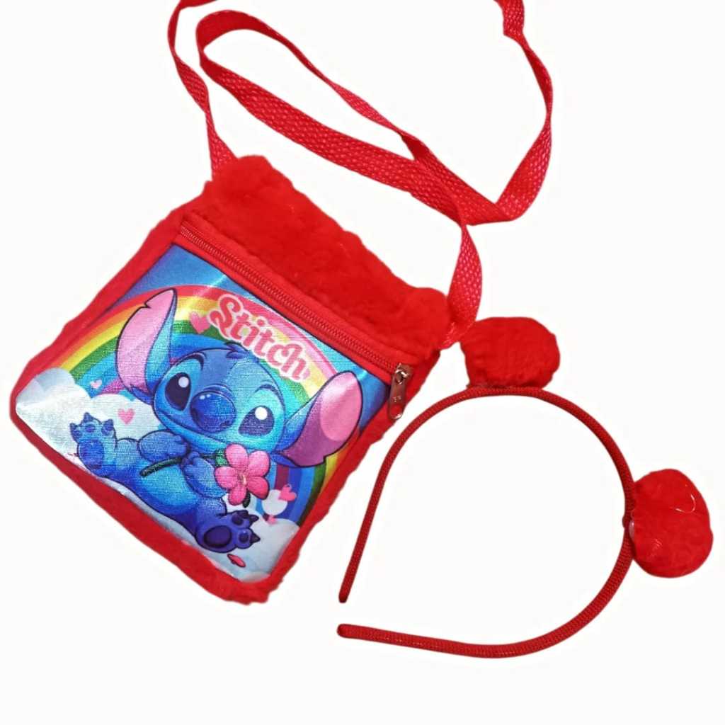 Kit Bolsa + Tiara de Menina Infantil Princesas Minnie Stitch Rosa Vermelha Presente Dia Das Crianças