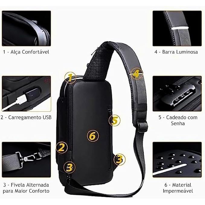 Bolsa Mochila Pochete Fashion Transversal Anti Furto impermeável Saída USB Masculina e Feminina - Shoulder Bag