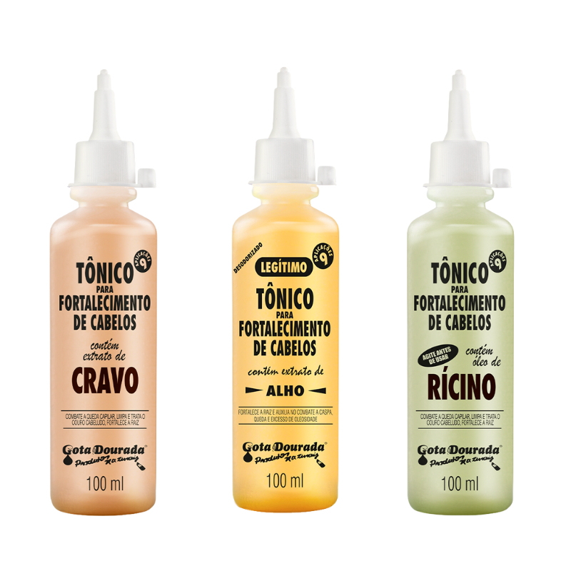 Kit Tônicos Capilares Gota Dourada  - Tradicional, Cravo e Rícino em Oferta na Shopee
