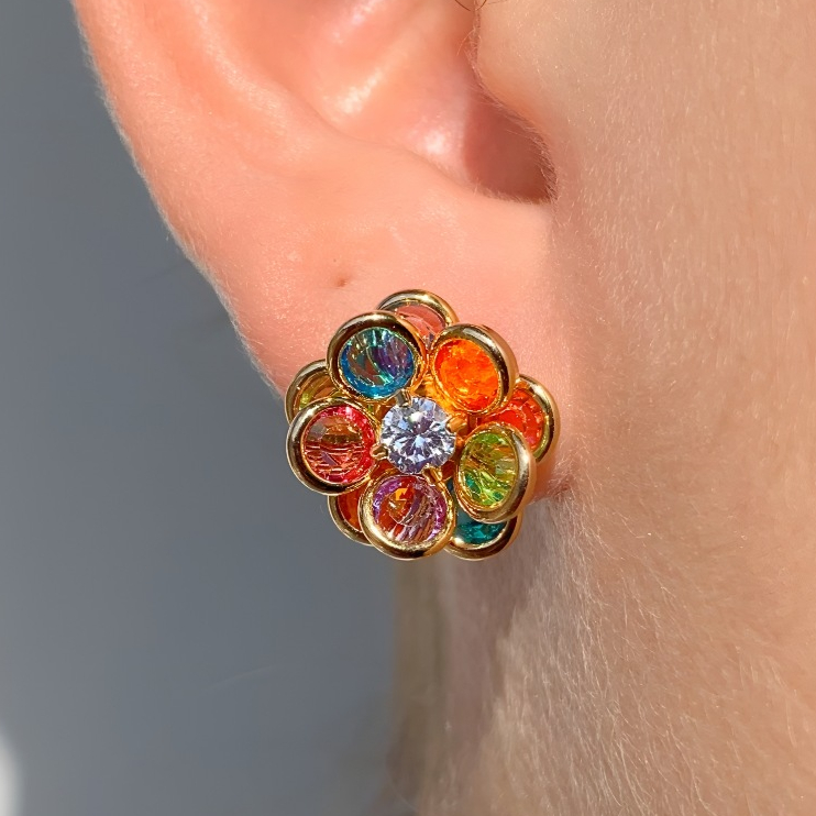 Brincos Femininos Flor Zircônia Colorida  Antialérgico Banhado a Ouro 18k em Oferta na Shopee