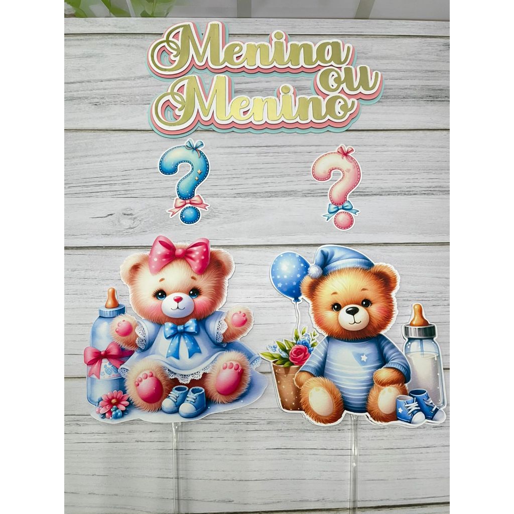 🎂 Topo de Bolo Chá Revelação 💗💙 Menina ou Menino | 5 Peças com Ursinhos – Pronto pra Usar