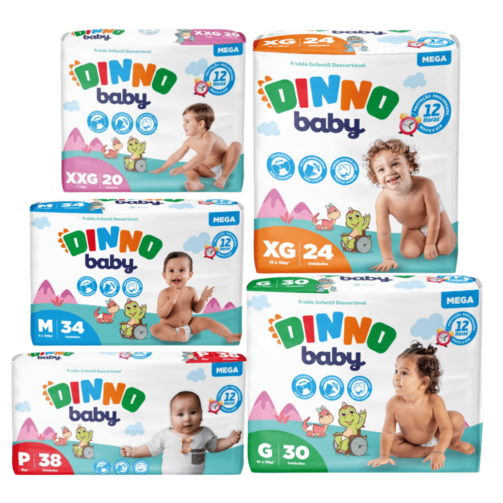 Fralda Dinno Baby Mega P M G XG XXG | Até 12h de Proteção com Toque Suave e Fecho Reajustável