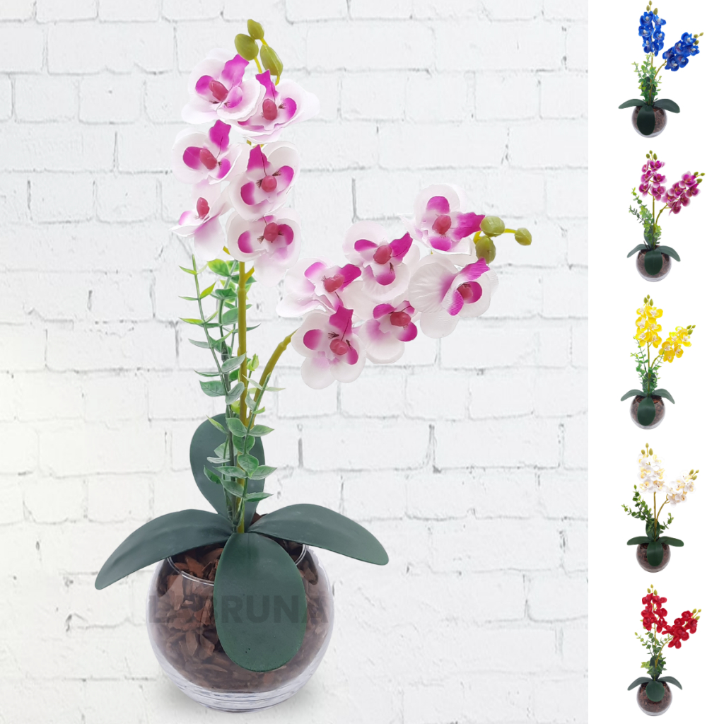 Arranjo Completo de Mini Orquidea de Silicone com Vaso e Cascas de Pinus Natural em Oferta na Shopee