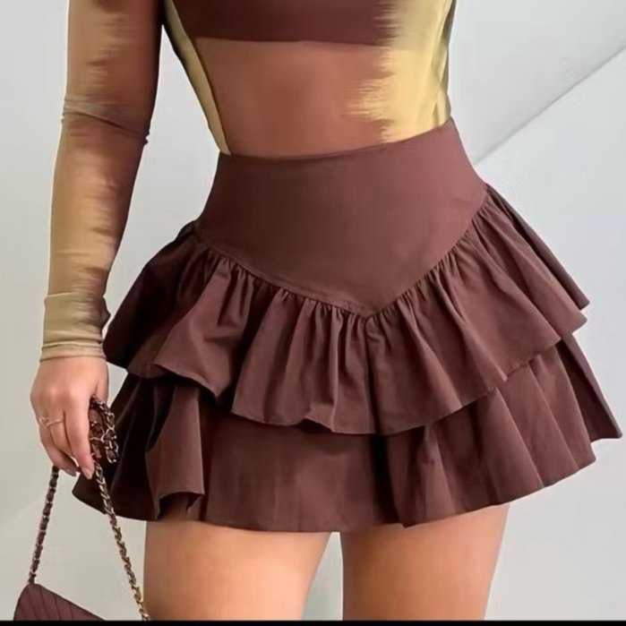 Saia Curta feminino  com Babados em Camadas look 2025 em Oferta na Shopee