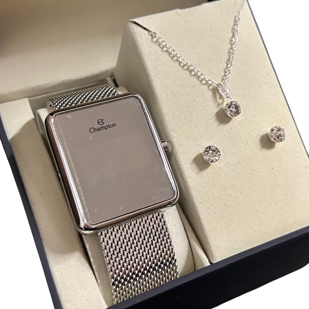 Kit Relógio Feminino Champion Original Prateado CH40080S + Colar e Brincos Folheados em Prata 925 em Oferta na Shopee