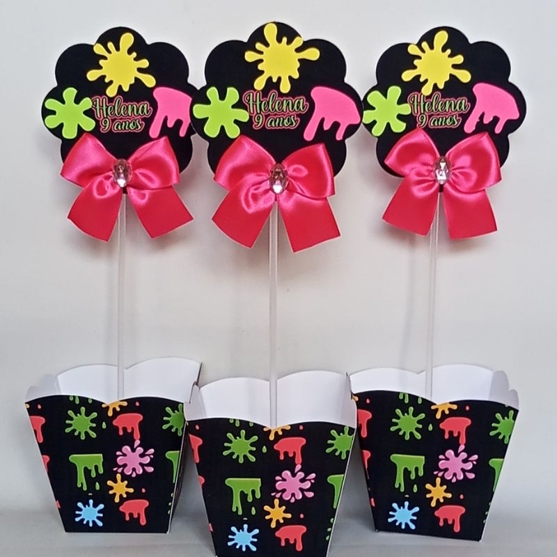 Centro de Mesa Personalizado Cachepo Slime Neon - Lembrancinhas Personalizadas