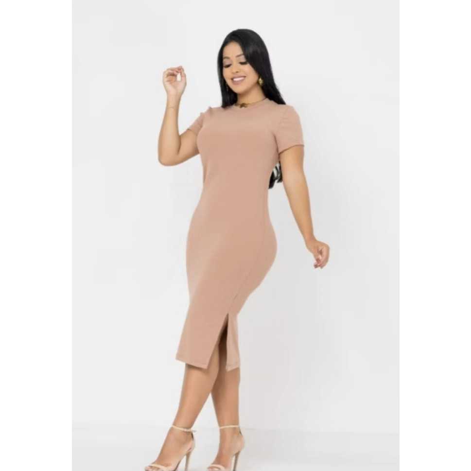 Vestido Mídi feminino manga curta canelado anarruga/Ribana em Oferta na Shopee