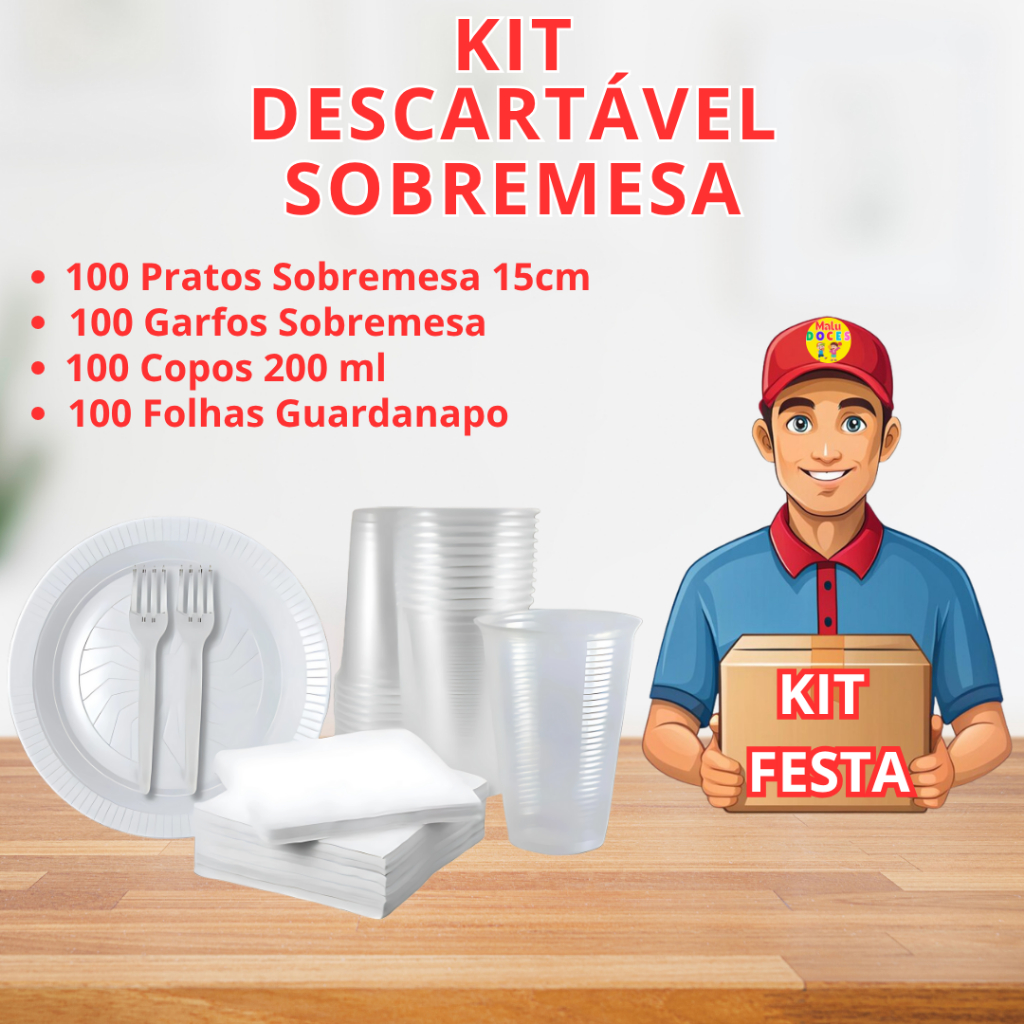 Kit Descartáveis Sobremesa Festa Aniversario Econômico Branco 100/200/300 ou 400 Pessoas - Prato/Garfo/Copo/Guardanapo