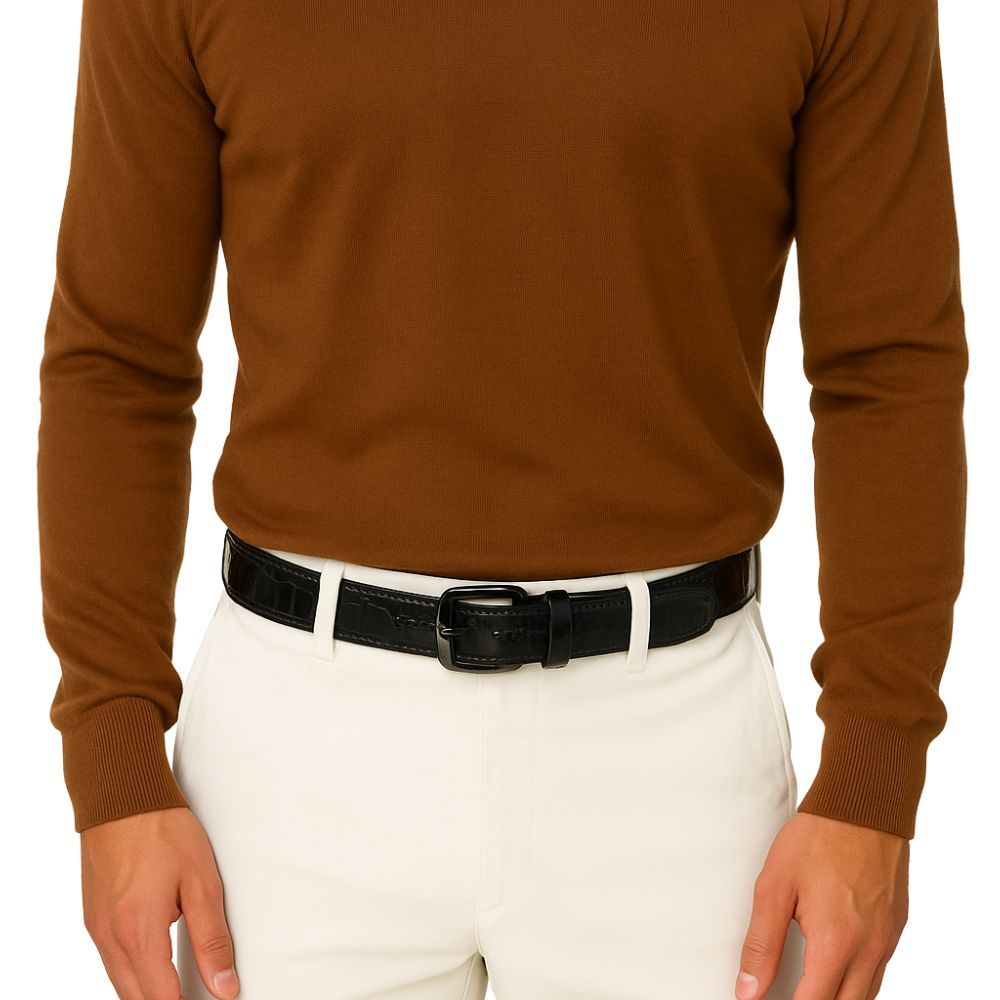 Cinto Masculino de Couro Croco Preto Com Fivela Quadrada Fumê 1 cm de Largura Moda Luxo