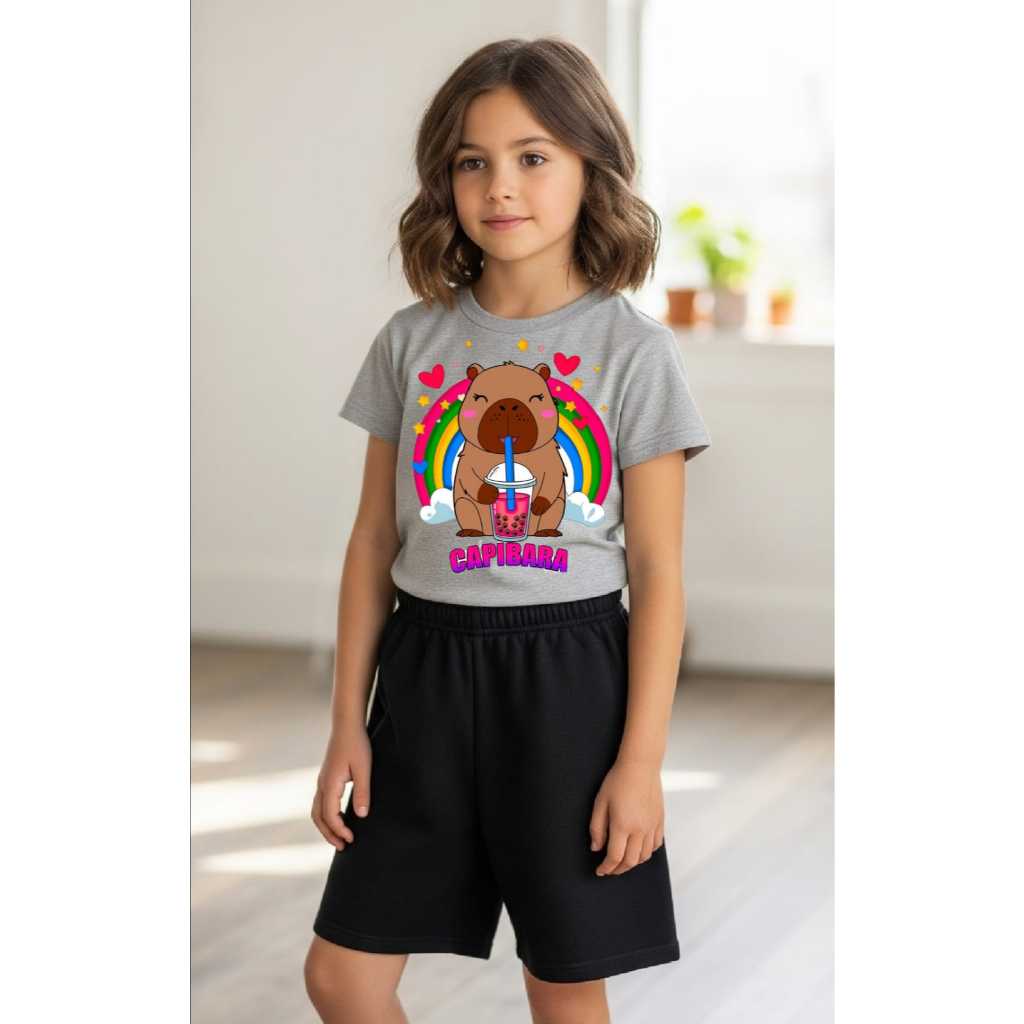 Conjunto Infantil Feminino Shorts e camiseta Baby Look Menina capivara milk shak