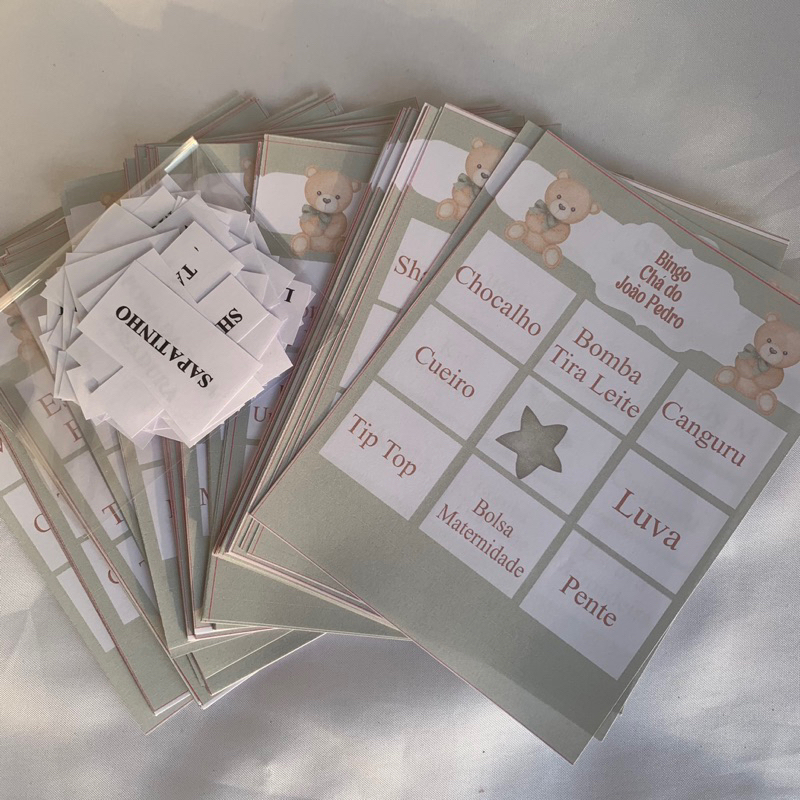 Bingo Personalizado para chá de bebê / chá revelação -Ursinho/ Minie/Safari - com 52/80/100/132 cartelas avulsas