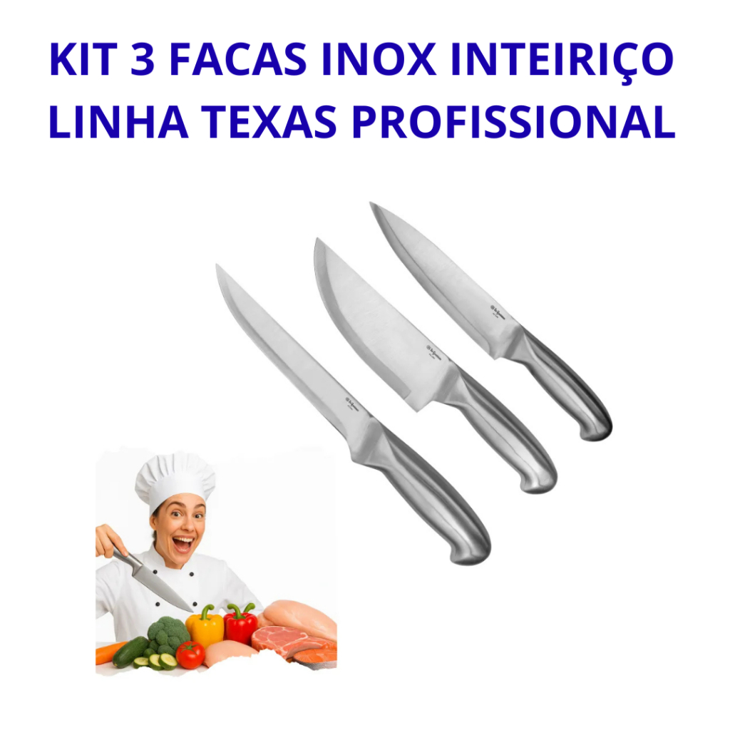 Kit Facas Inox Inteiriço para Churrasco e Cozinha – Peixeira 6” 7” + Desossar 6” Profissional