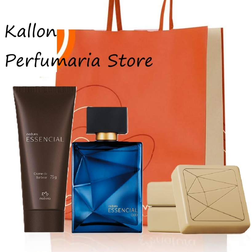 Kit Deo Parfum Perfume Essencial Oud Masculino 100ml, Creme de Barbear 75g, Sabonete em Barra 3x 90g