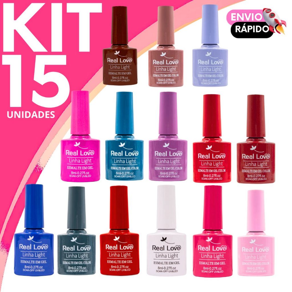 Kit Esmalte em Gel Real Love Linha Light Color Unhas Profissionais Brilho e Alta Durabilidade