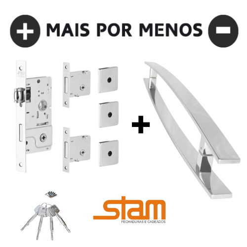Kit Fechadura Trinco Rolete Stam Tetra + Puxador Arco Chato inox + 2 Fechaduras Auxiliares Tetra