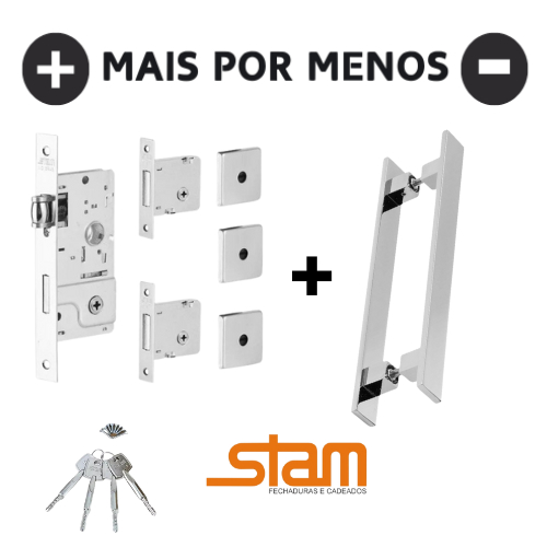 Kit Fechadura Trinco Rolete Stam Tetra + Puxador Barra Chata Inox + 2 Fechaduras Auxiliares Tetra