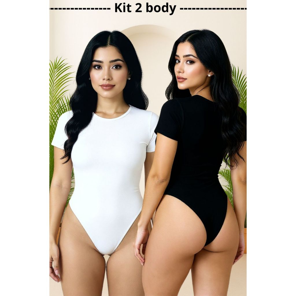 Kit 2 Body Feminino Manga Curta Unidades Suplex Com Fecho Bory Gola Redonda Liso Com Forro