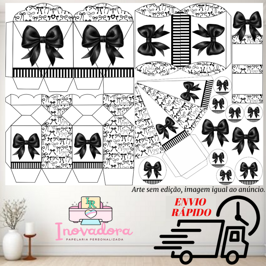 Kit com 75/150 itens lembrancinhas TEMA LAÇO PRETO (COM/SEM NOME) - Envio IMEDIATO em Oferta na Shopee