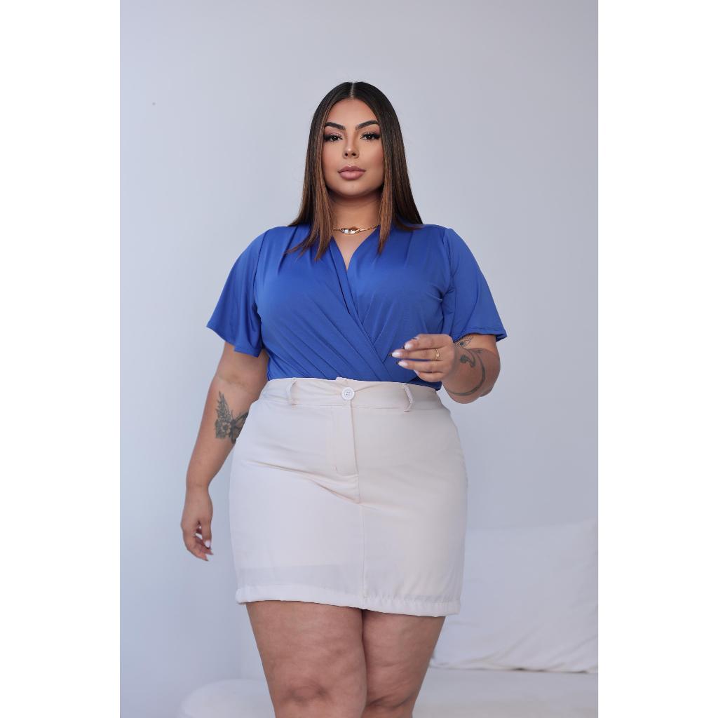 Short Saia Plus Size Alfaiataria Feminino Cintura Alta Com Saia Atrás Envio Imediato
