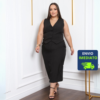 Conjunto Alfaiataria Feminino Plus Size Colete e Saia com Fenda Elegante Social em Oferta na Shopee