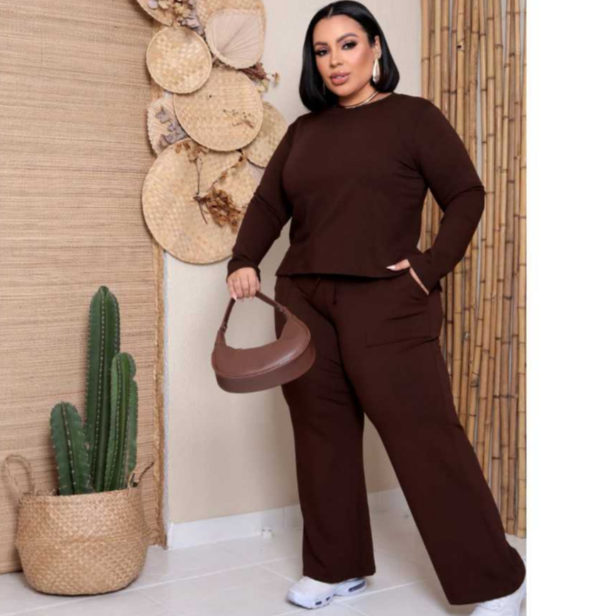 Conjunto Feminino Inverno Plus Size Manga Longo Calça Pantalona Com Bolsos Estilo Mullet