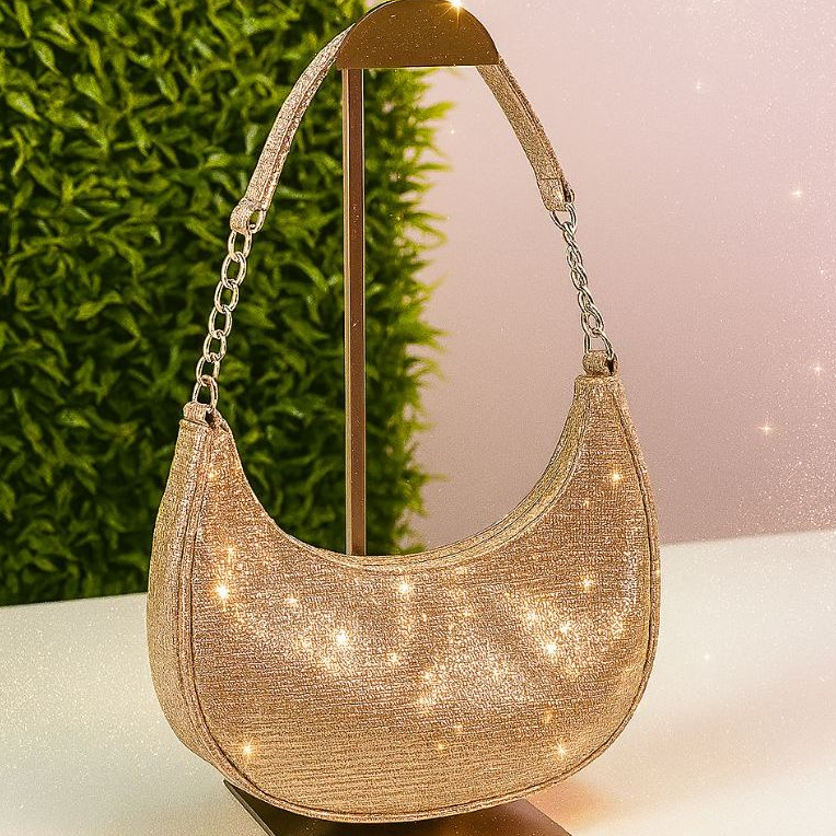 Bolsa Feminina Meia Lua Prata Metalizada Tiracolo Corrente Brilhante Festa Luxo Elegante