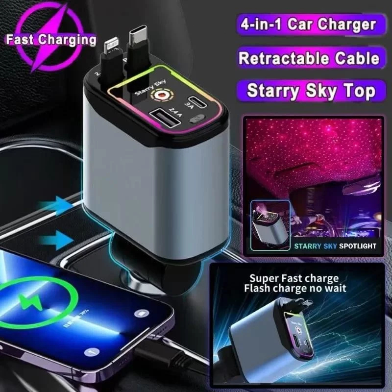 2025 Novo Carregador de carro retrátil, carregador rápido de para carro 4 em 1 para iPhone e Android