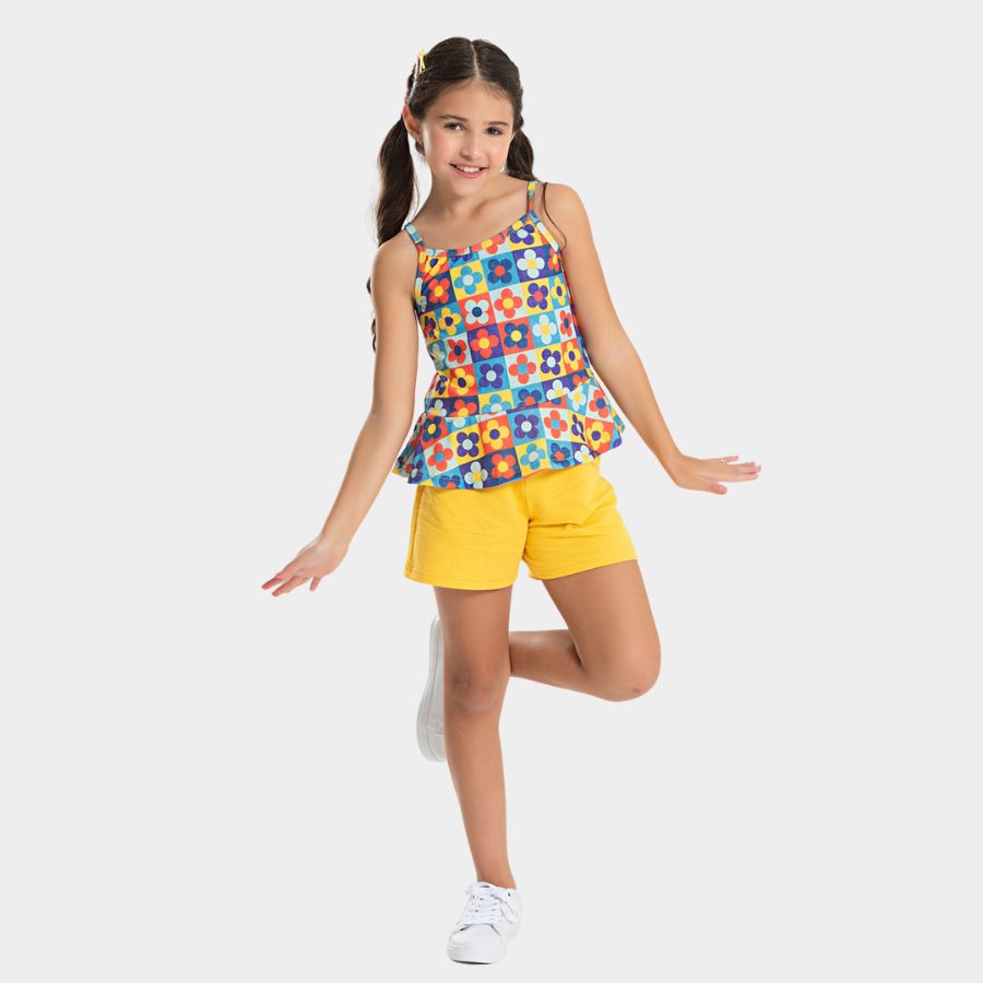 Conjunto Verão Menina Regata Alcinha com Babado e Shorts Floral