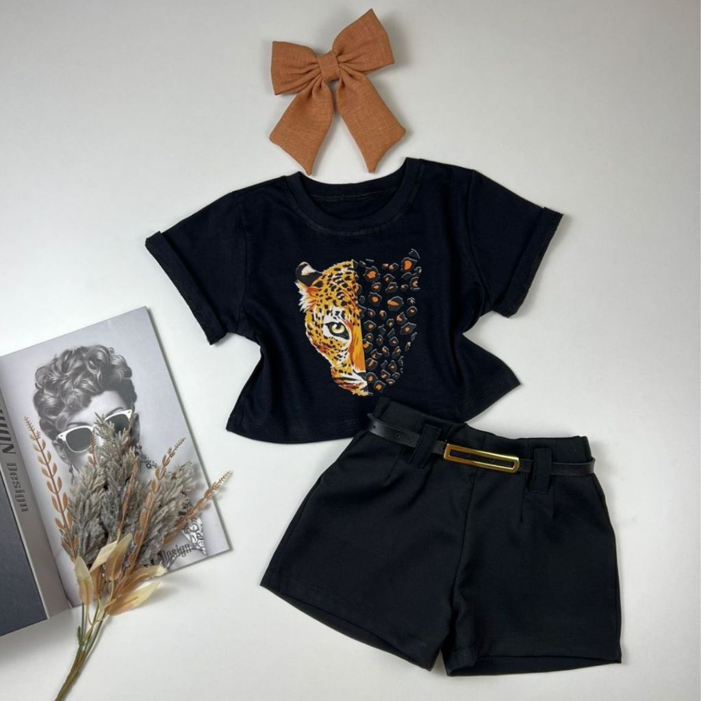 Conjuntinho Verão Infantil Look Fashion T-Shirt Onça Short Cinto Roupa De Menina Modinha Kids Estilosa