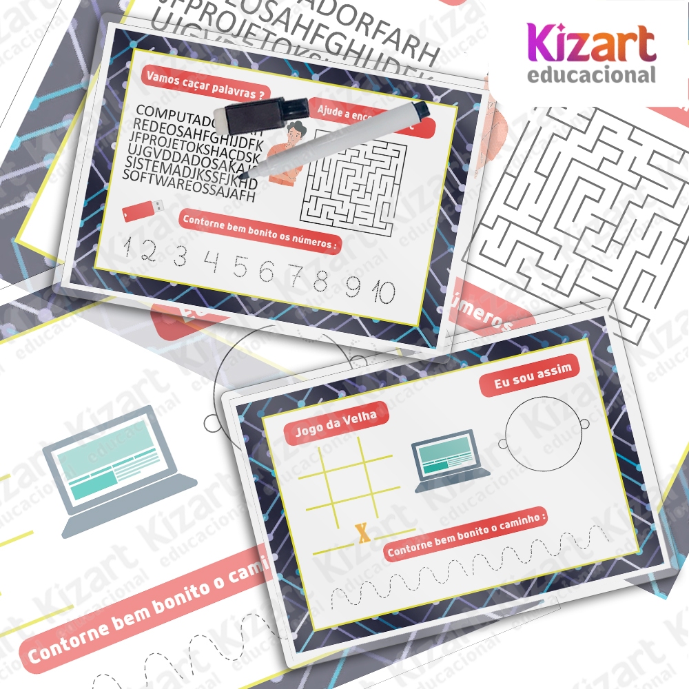 50 Quadro de Atividade Interativo Infantil + Caneta Lembrancinha Infantil Assistência de Informática